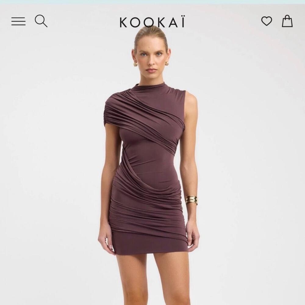 KOOKAI Jaz Draped Jersey Mini Dress in dark mahogany brown NEW FR 36 / US 4